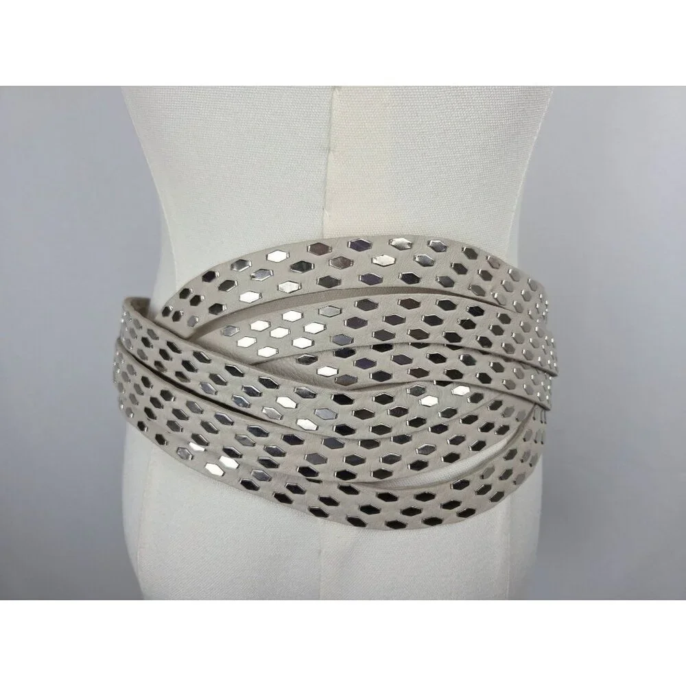 B-Low The‎ Belt Studded Leather Wrap Belt Sz Large Ivory Silver Accents Designer